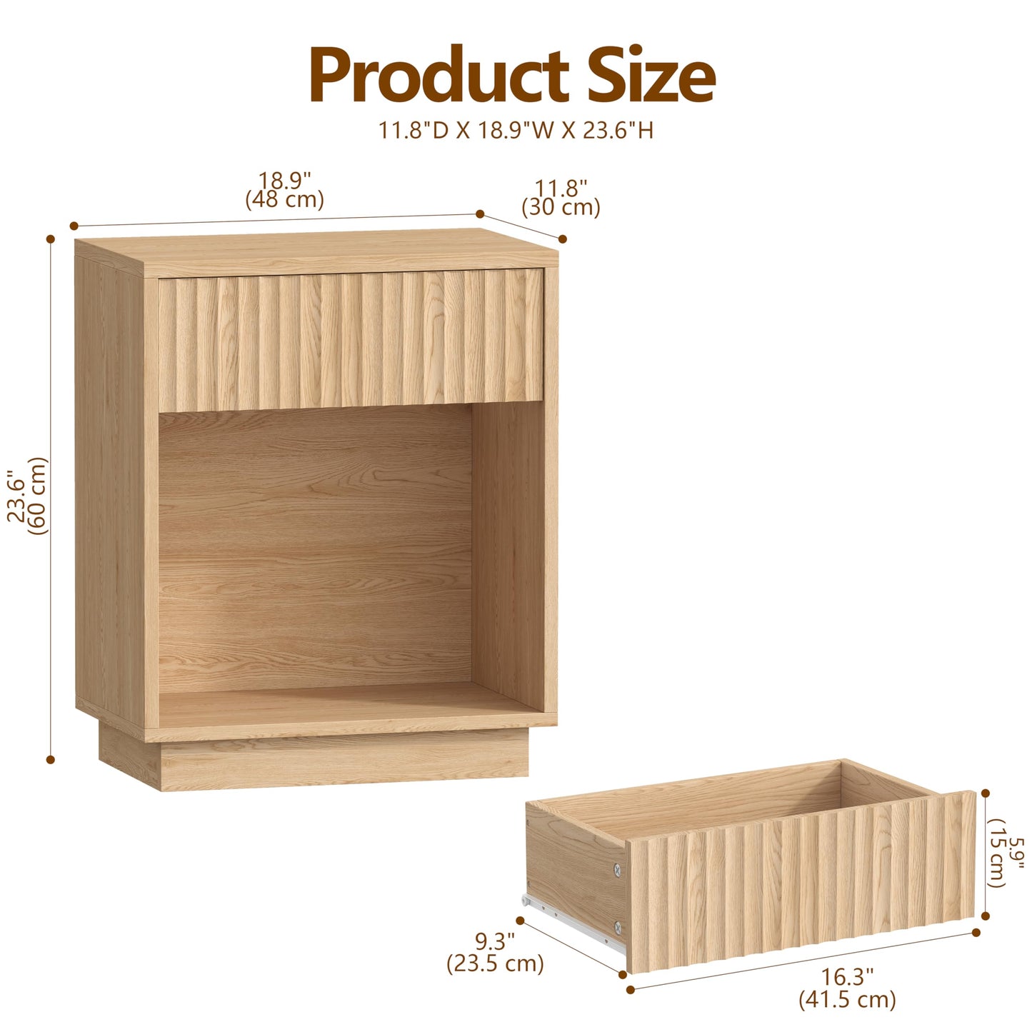 Zeibospri Fluted Nightstands Set of 2, Modern Mid Century Night Stand with Drawer and Open Shelf, Wooden Bedside End Side Table for Bedroom, Hallway, 11.8" D x 18.9" W x 23.6" H, Natural Oak