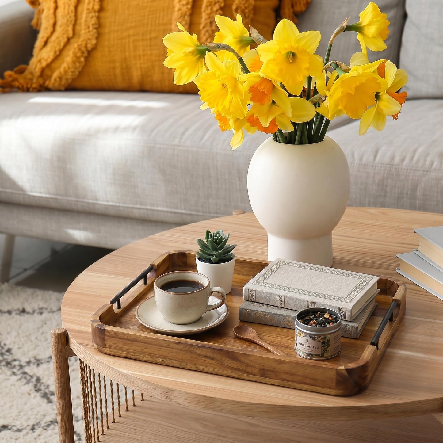 ZUJJAFY Serving Tray with Metal Handles, 17 x 13 in Acacia Wood Tray for Serving Food, Ottoman Decorative Tray Platter for Coffee Table, Living Room, Bar, Party