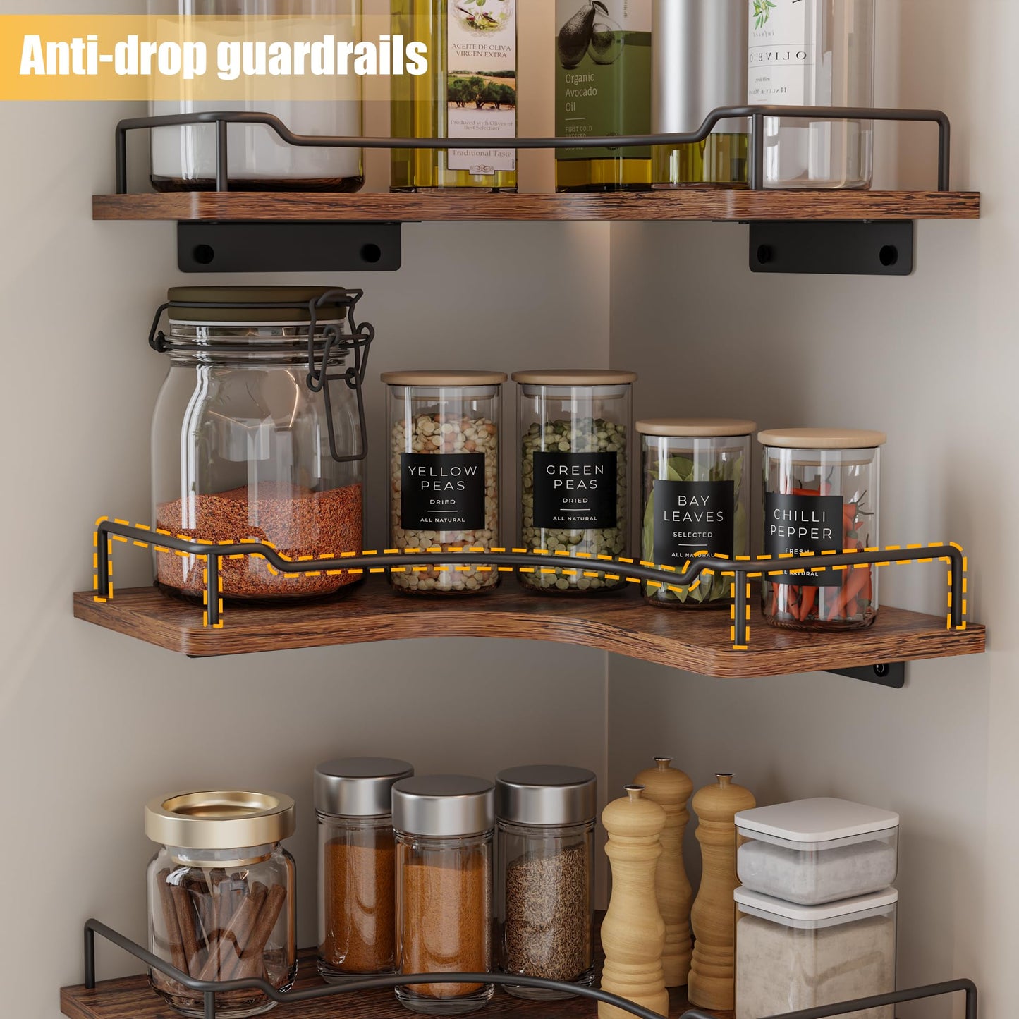 FNBAR L-Shaped Corner Floating Shelves Set of 3,Rustic Wood Wall Mounted Storage Shelves,Display Shelf for Bathroom, Kitchen,Bedroom, Living Room, Office (Brown)