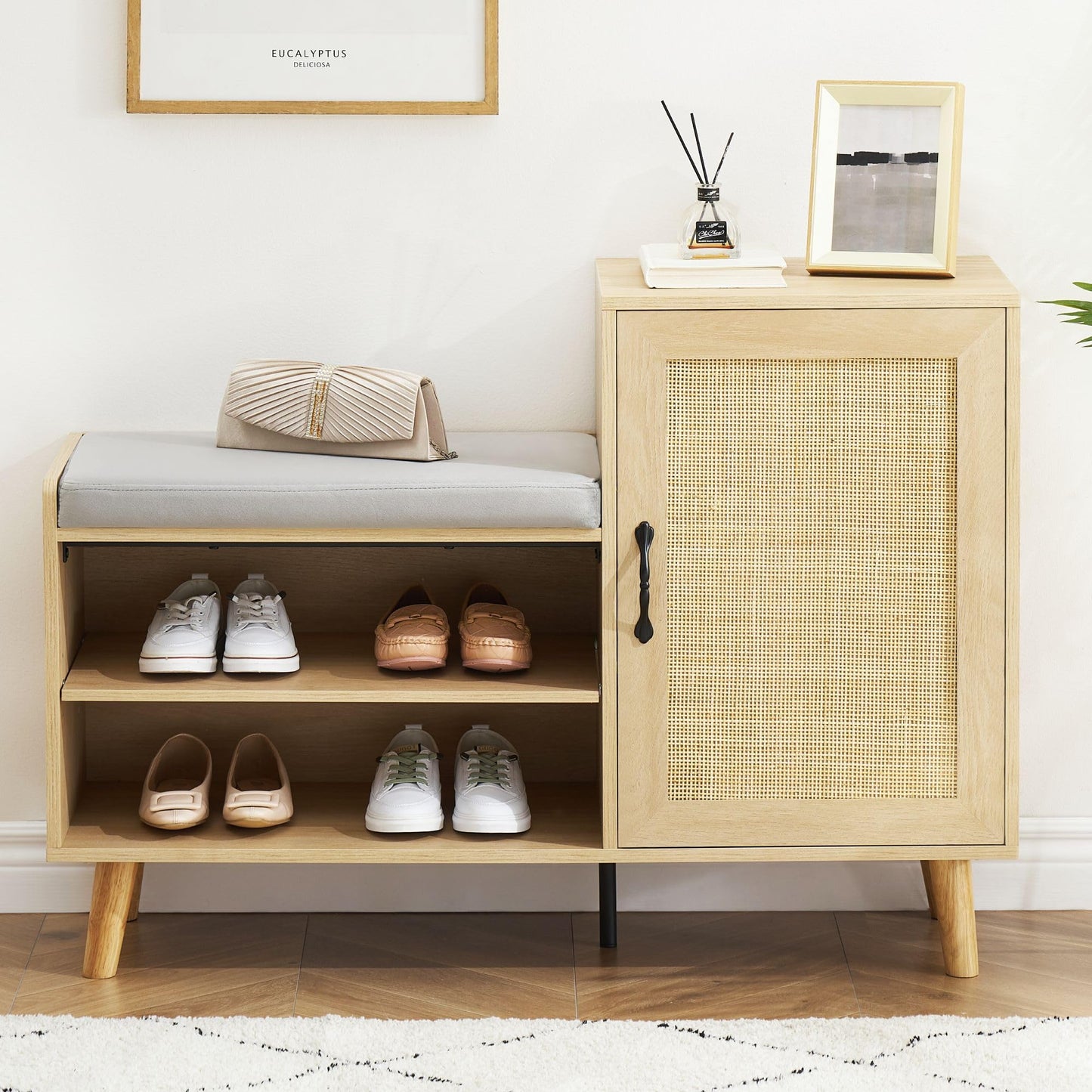 GAOMON 2-in-1 Natural Rattan Shoe Storage Bench with Upholstered, Shoe Cabinets with Adjustable Shelf, Home Entrance Shoe Rack for Hallway Living Room Bedroom Dorm and Small Apartment
