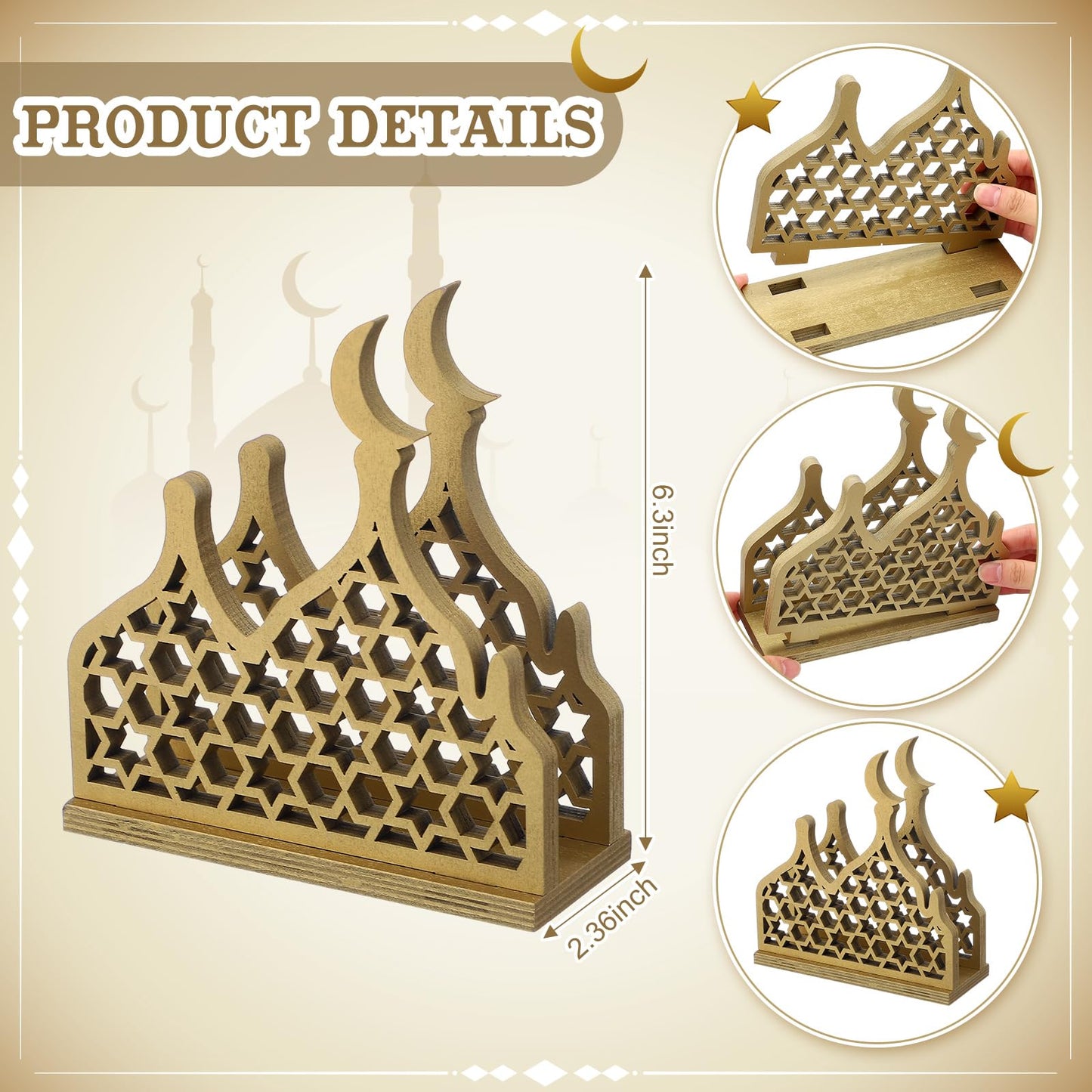 Namalu Eid Gold Napkin Holder for Tables Classical for Islamic Ramadan Holiday Napkin Holder Wooden Ramadan Kareem Tissue Dispenser Mubarak Wood Tissue Dispenser for Storage