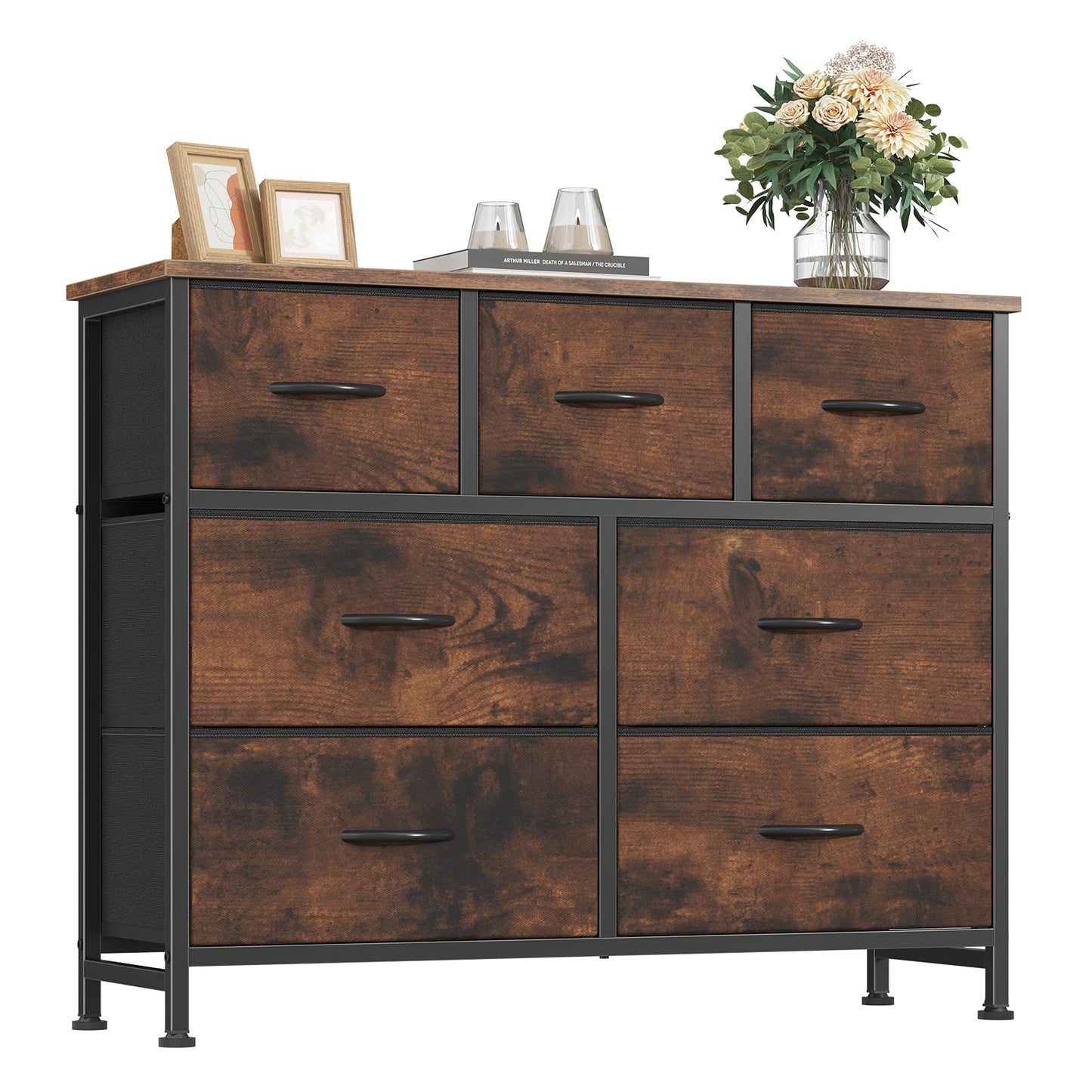HAPPYMONT Fabric Dresser for Bedroom with 7 Drawers, Chest of Drawers, Wood Top and Metal Frame Organizer for Clothes, Closet, Entryway, Hallway, Living Room Furniture