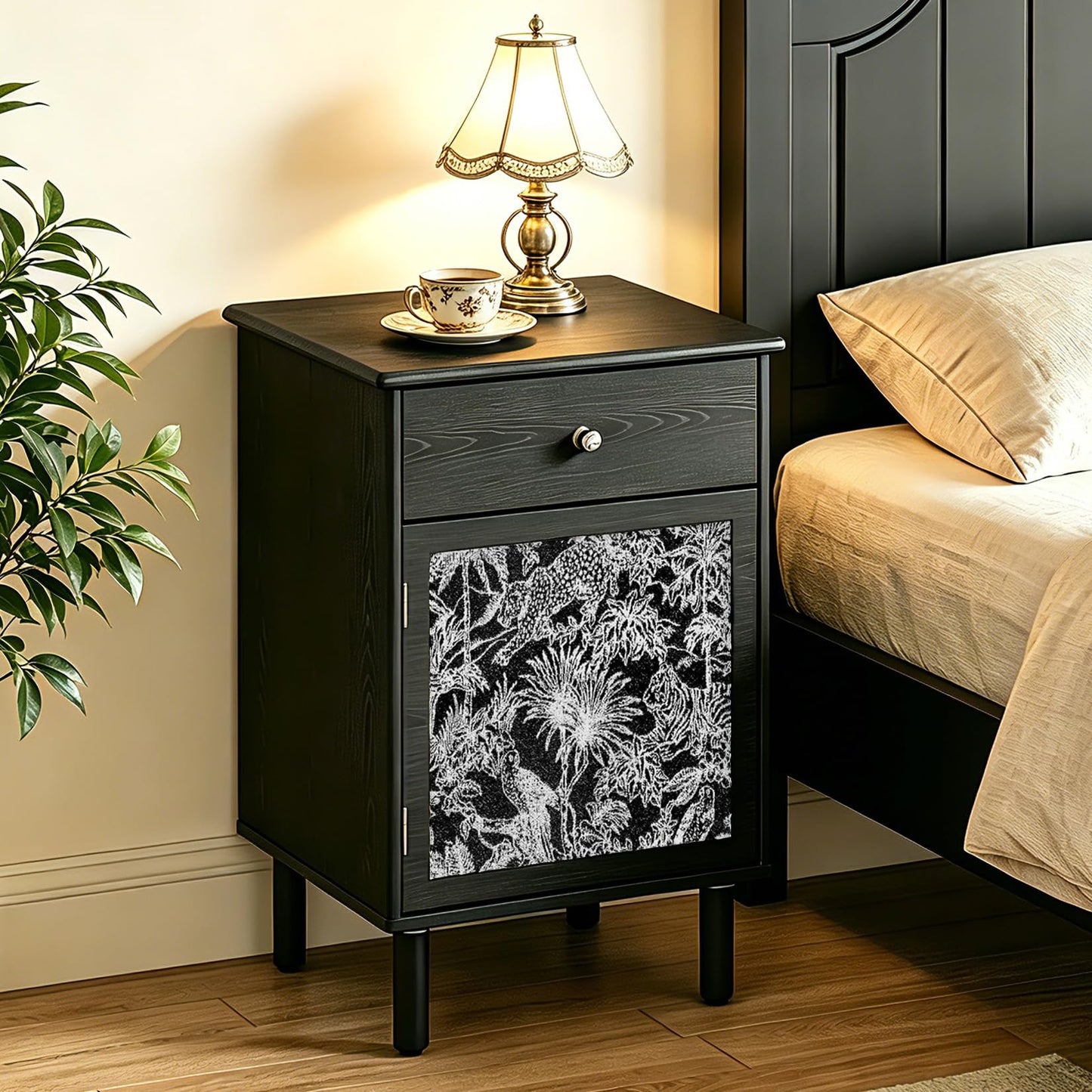 DAELIFKER Black Wood Mid-Century Modern Nightstand, Bedside Table with Drawer and Cabinet, Vintage Wooden Side Table with Storage for Bedroom Living Room, 16"x16"x24"