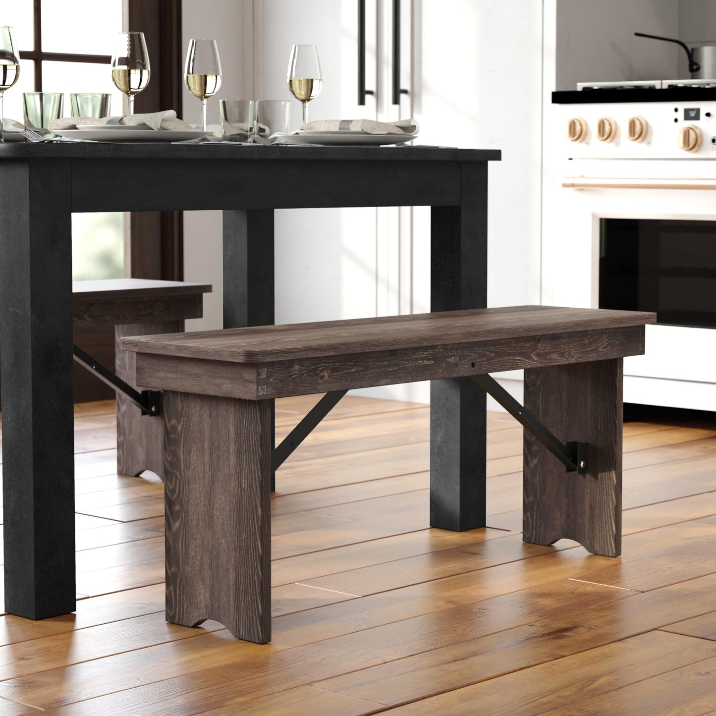 Flash Furniture HERCULES 40" x 12" Folding Farm Bench, Solid Pine Entryway Bench in Mahogany