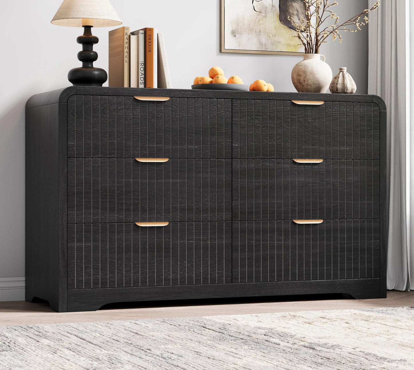 Jocoevol Modern 6 Drawer Dresser for Bedroom, 47" Wide Wood Dressers & Chests of Drawers Curved Profile Design, Mid Century Modern Fluted Dresser for Bedroom, Black Dresser