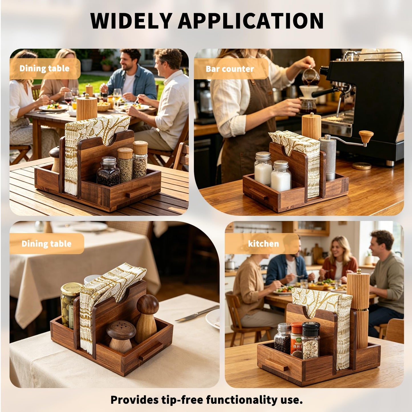 GinSent Napkin Holder for Table, Wooden Napkins Holder with Salt and Pepper Shakers Caddy, Standing Paper Napkin Storage for Kitchen Countertop Dining Table Decor(Acacia Wood)