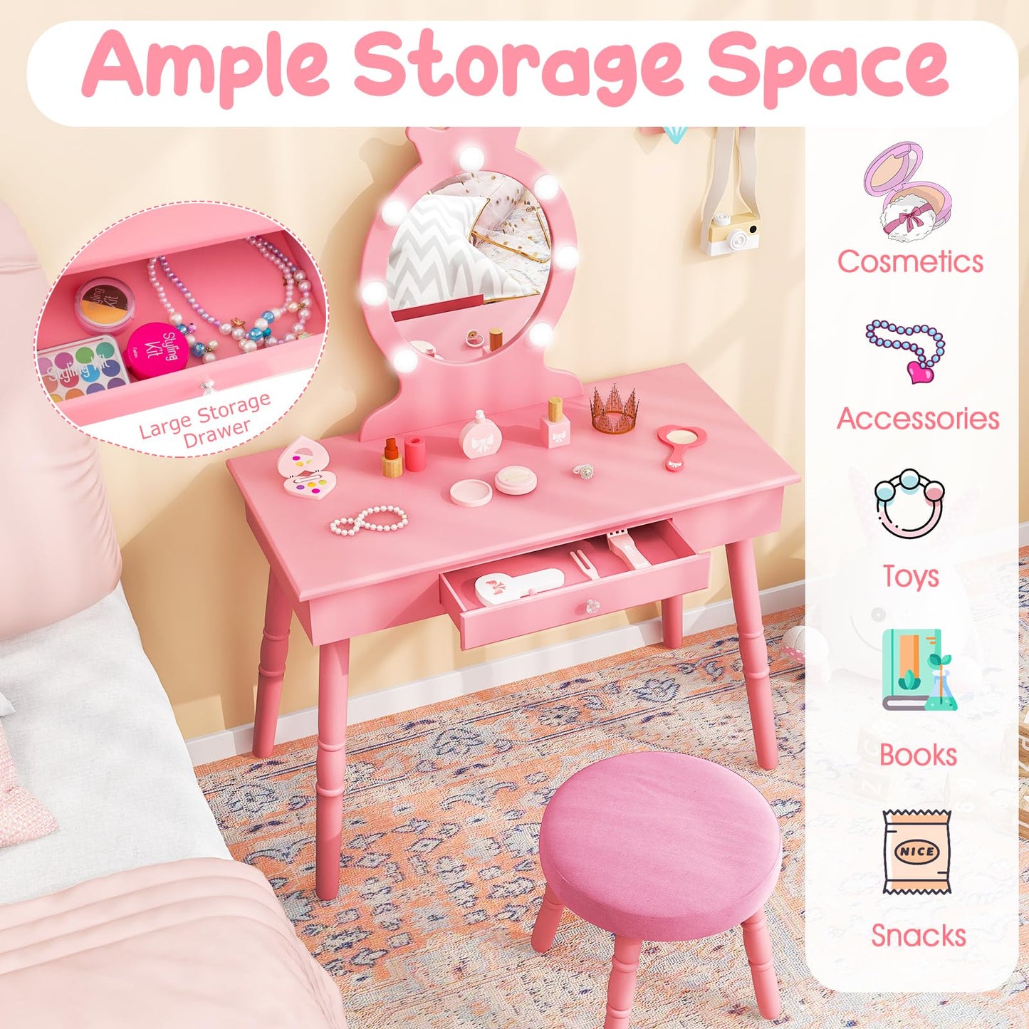 Costzon Kids Vanity, Girls Vanity Set with Mirror and Stool and Lights, Drawer, 2 in 1 Wooden Makeup Vanity Desk Dressing Table, Kids Vanity Table and Chair Set (Pink)