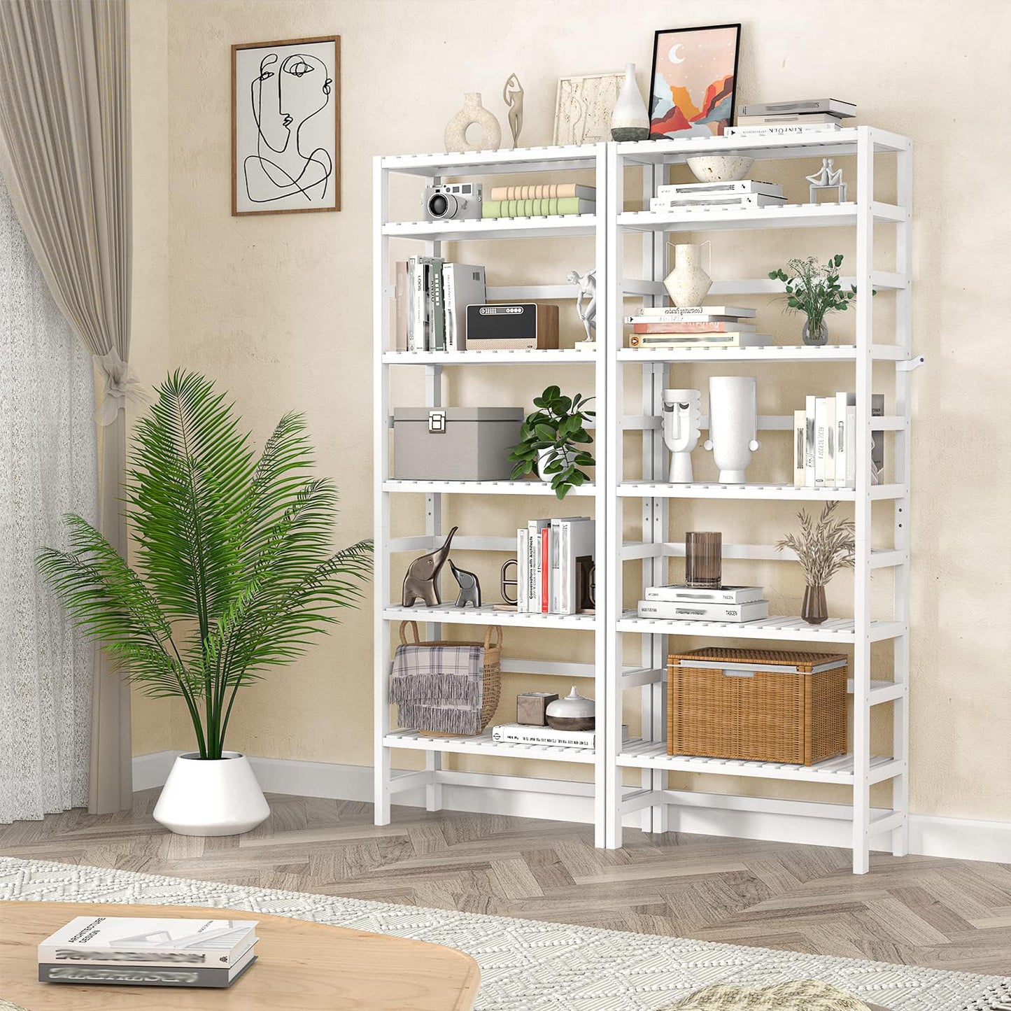 Homykic 6-Tier Bamboo Bookshelves and Bookcases, Adjustable 63.4”Tall Shallow Book Shelf Organizer Rack, Freestanding Storage Shelving Unit for Living Room, Kitchen, Bathroom, Office, White
