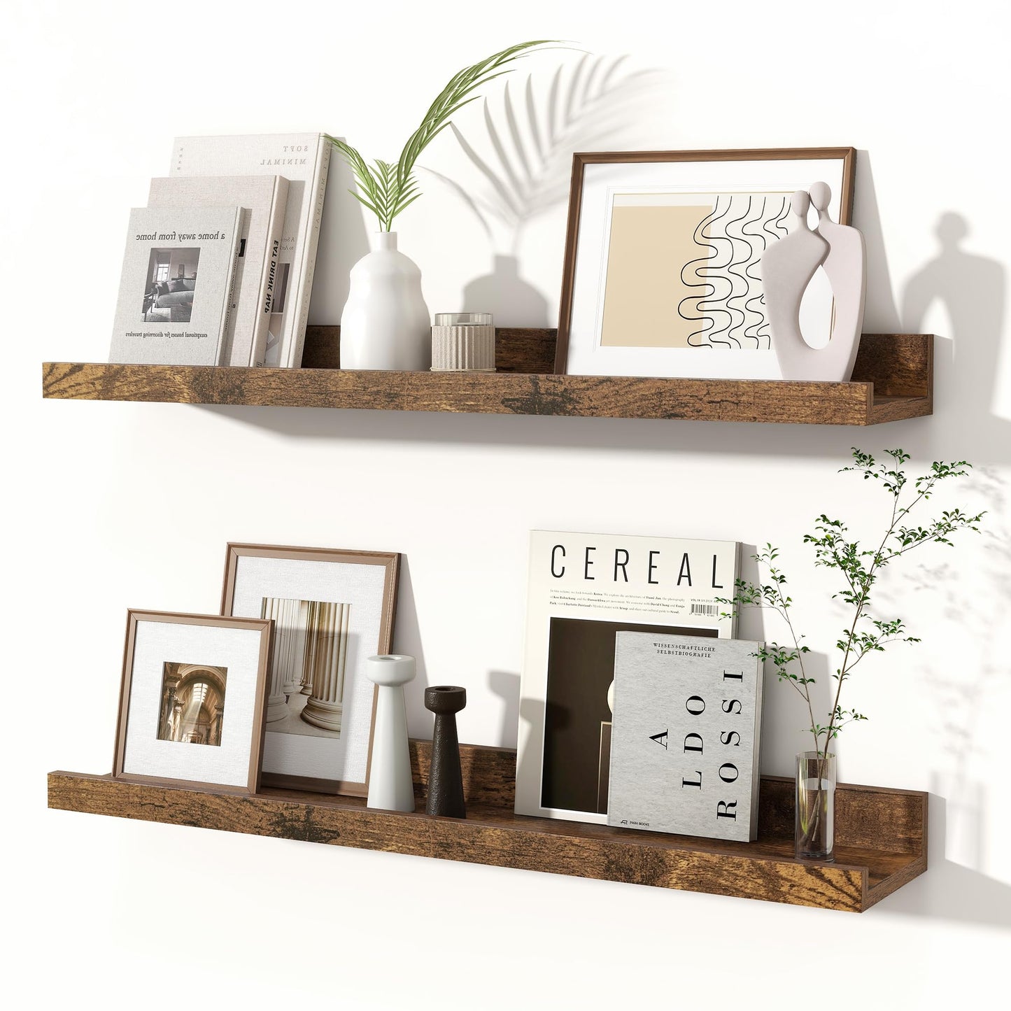 Fun Memories Picture Ledge Shelves Set of 2, 24 Inch Rustic Wall Mounted Floating Shelves with Lip for Home Storage and Décor in Bathroom, Kitchen, Nursery, Bedroom, Living Room, Brown