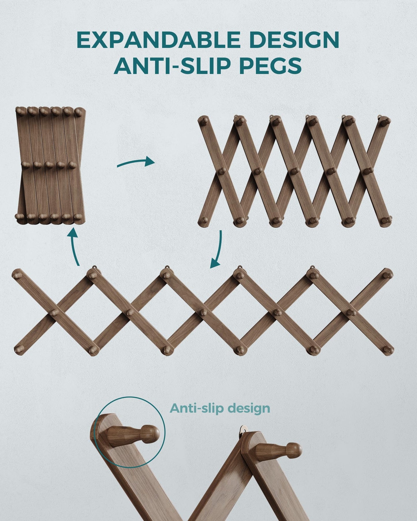 OROPY Accordion Wall Hanger with 17 Pegs, Expandable Wooden Coat & Hat Rack