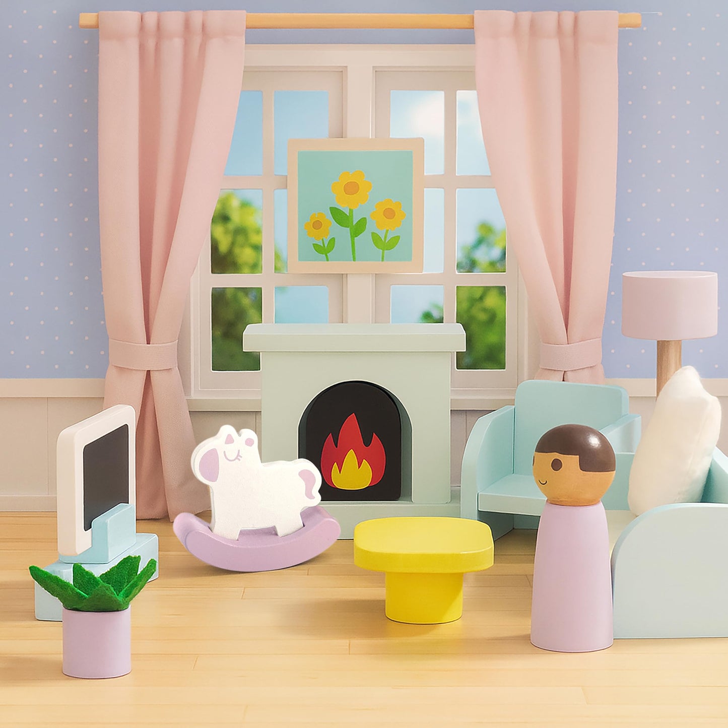 Pillowhale Wooden Dollhouse Furniture Set,36-Piece Dollhouse Furniture & Accessories for 6 Rooms,Interactive Pretend Play Furniture Toys, Gift for Kids Age 3+