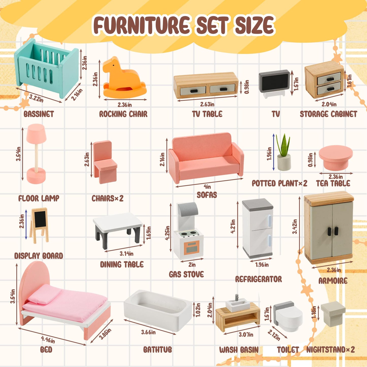 Wooden Dollhouse Furniture Set，Miniature Doll Furniture Accessories with 5 Rooms,for Kitchen, Living Room, Bedroom, Bathroom, Babyroom,Pretend Play Furniture for Toddlers 3 4 5 6 Years Old