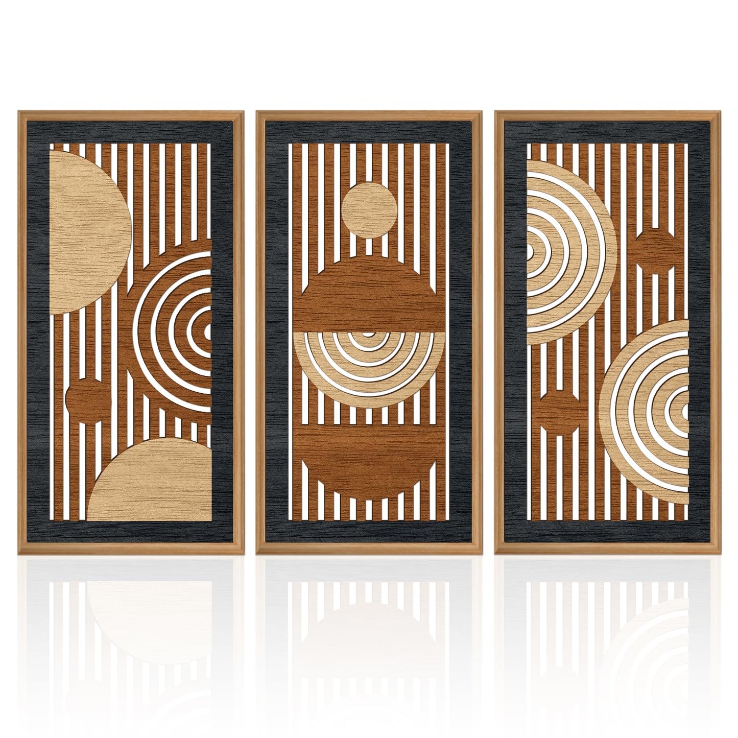 IARTTOP 3Pcs Mid Century Modern Wall Decor Framed Geometric Wood Wall Art Set Minimalist Abstract Line Panel Hanging Decor for Living Room Bedroom Office 8 x 16 Inch