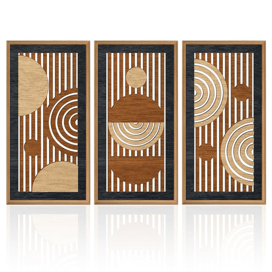 IARTTOP 3Pcs Mid Century Modern Wall Decor Framed Geometric Wood Wall Art Set Minimalist Abstract Line Panel Hanging Decor for Living Room Bedroom Office 8 x 16 Inch