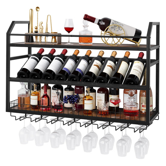 Hoctieon Wall Mounted Wine Rack, 31.5" Wall Wine Rack for Display and Storage, Hanging Bottle Holder, for Living Room, Dining Room, Bar, Wine Cellar, Rustic Brown