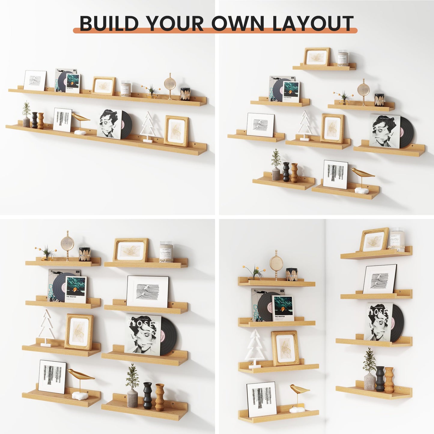 Floating Picture Ledge Shelves Set of 8, 16 Inch Shelves with Lip - Large Nursery Book Shelf for Toys Storage, Kids Bookshelf, Living Room, Bedroom Decor Frames