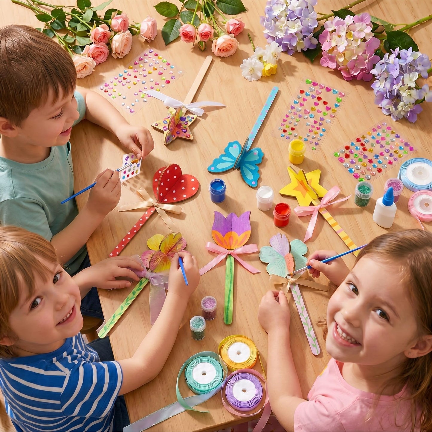 DoubleFill 16 Set DIY Wood Flowers Plant Stakes 3D Paintable Wooden Butterfly Cutouts Spring Flower Pot Unfinished Wood Ornament Fairy Wands Crafts for Painting Gift