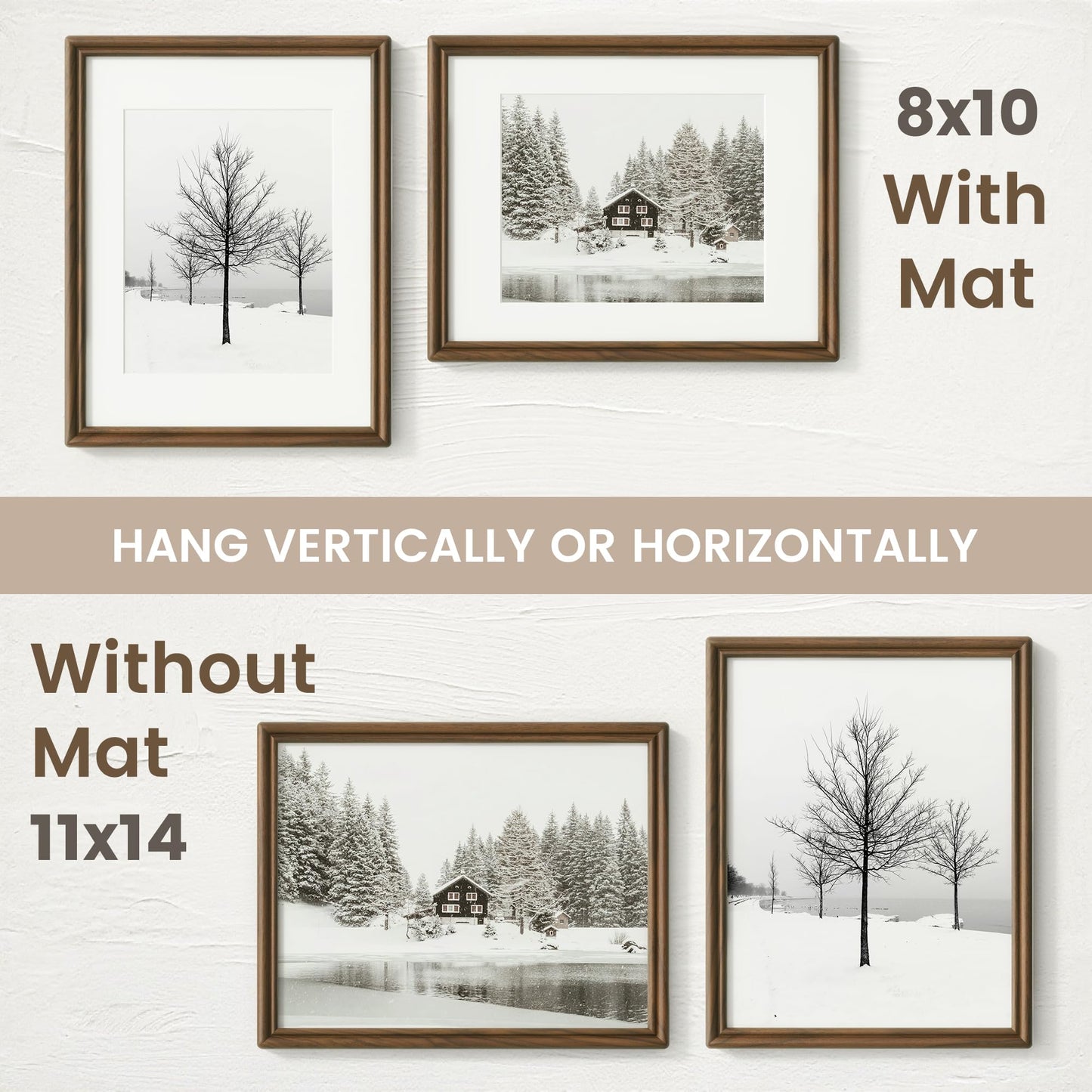 11x14 Picture Frame, USA-Sourced Natural Solid Walnut Wood Photo Collage Frame with HD Tempered Glass, Rounded Corner 11 x 14 Wooden Frame Matted to 8x10, Vertical & Horizontal Wall Hanging Display