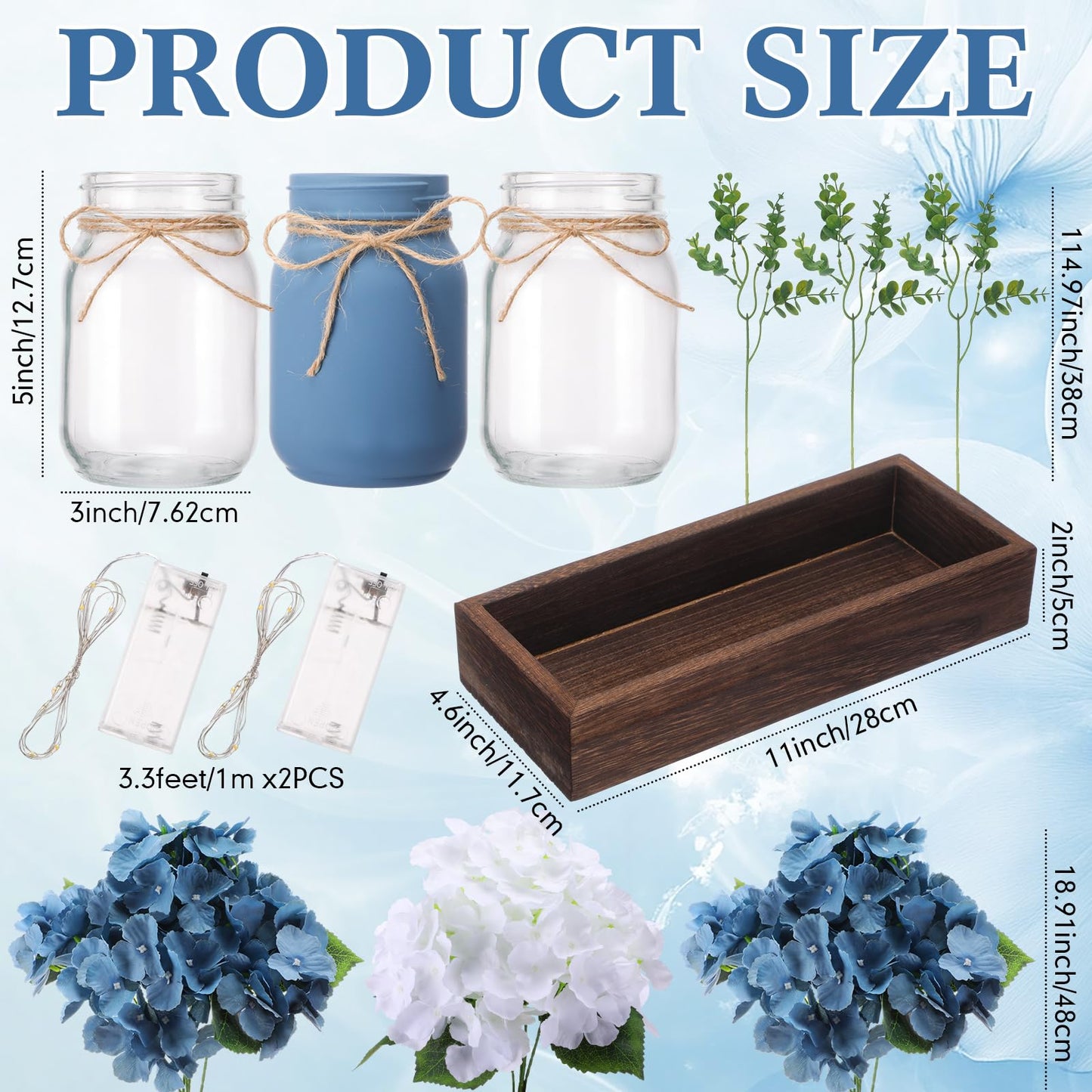 Suncalla 3 Pcs Blue Hydrangea Centerpiece for Table Artificial Hydrangea Flowers with LED Light Mason Jar Wood Tray Eucalyptus Stems Blue Table Decor for Coffee Wedding Kitchen Dining Living Room