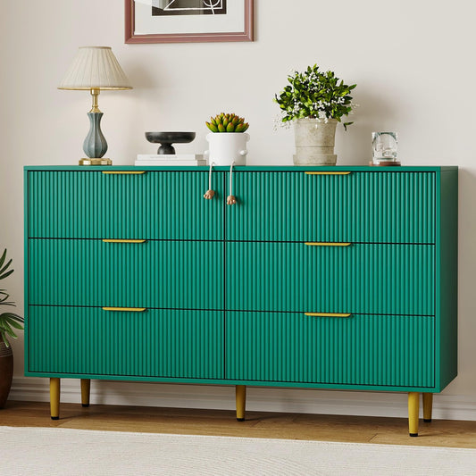 Garvee 56" Wide Fluted Dresser for Bedroom with 6 Drawers, Wooden Chest of Drawers with Gold Metal Handle & Feet, Fluted Dresser for Living Room, Hallway, Bedroom, Green