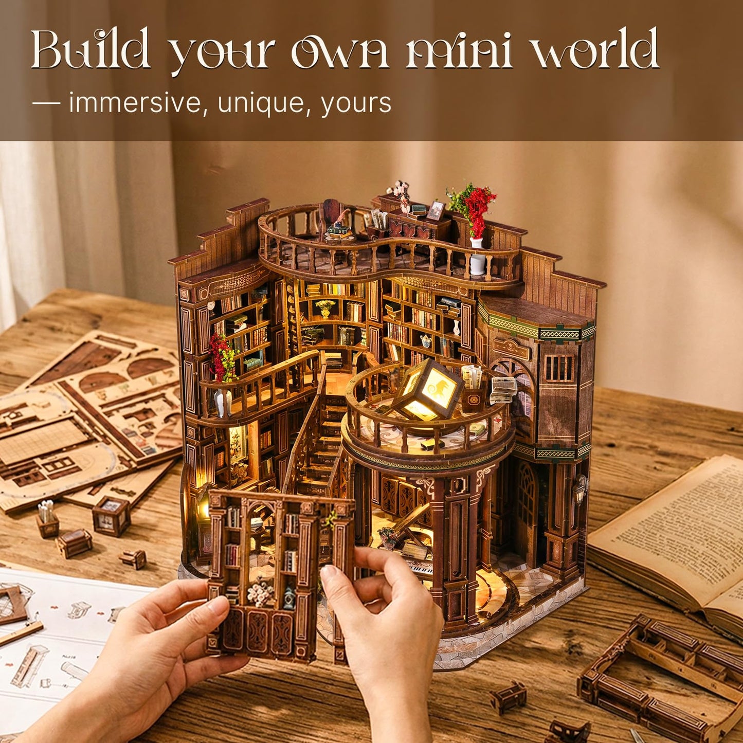 DIY Book Nook Kit, 3D Wooden Puzzle Miniature Booknook Bookend Bookshelf Decor with LED Light,Cherry Blossom Bookstore Bookshelf Insert Booknook, Book Nook Kits for Adults