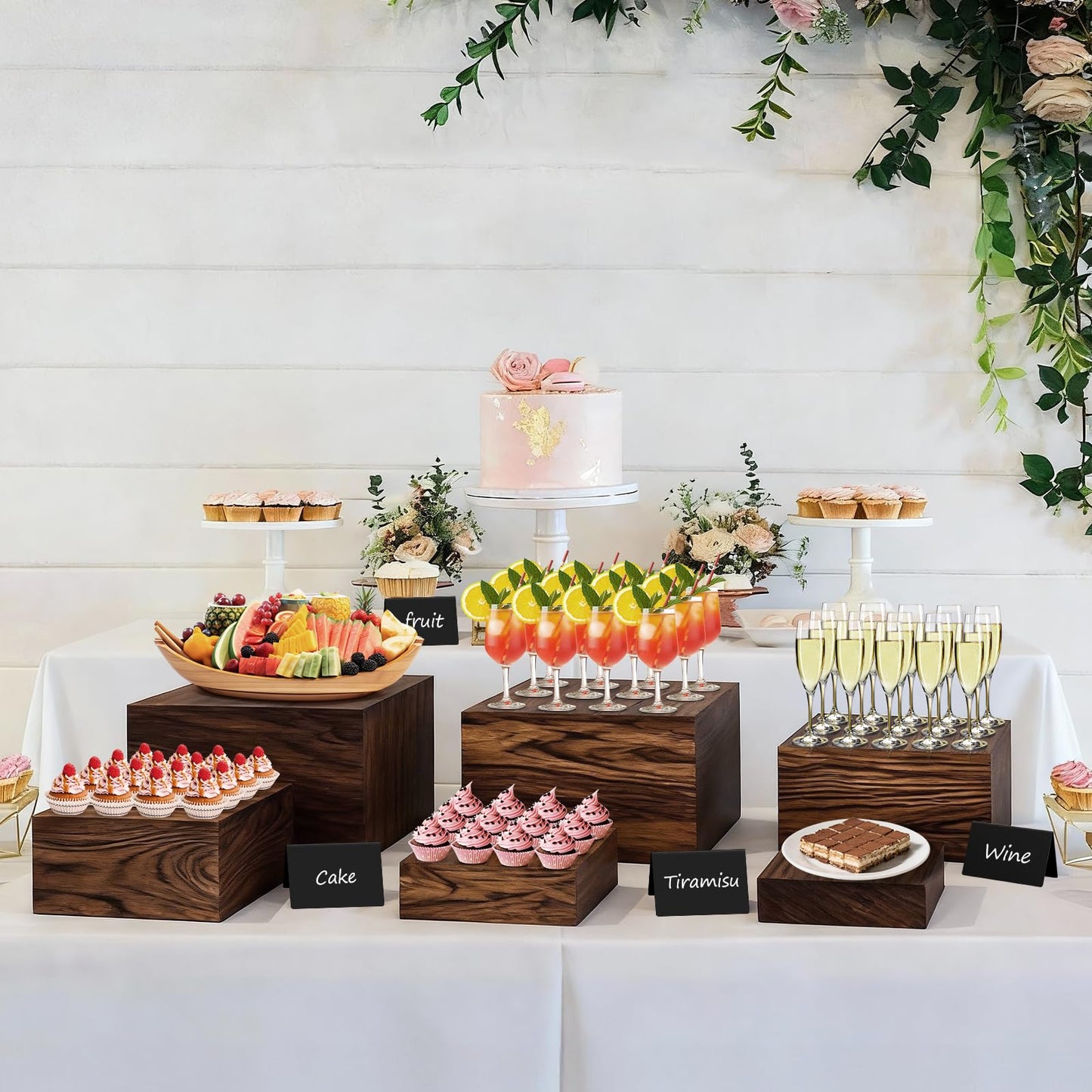 SPVIKISGO 6 Pcs Buffet Risers and stands with Food Signs, Food Risers for Buffet Table, Rustic Wood Cake Stand, Wood Risers Display Stands for Decor, Party, Birthday, Wedding, Baby Shower
