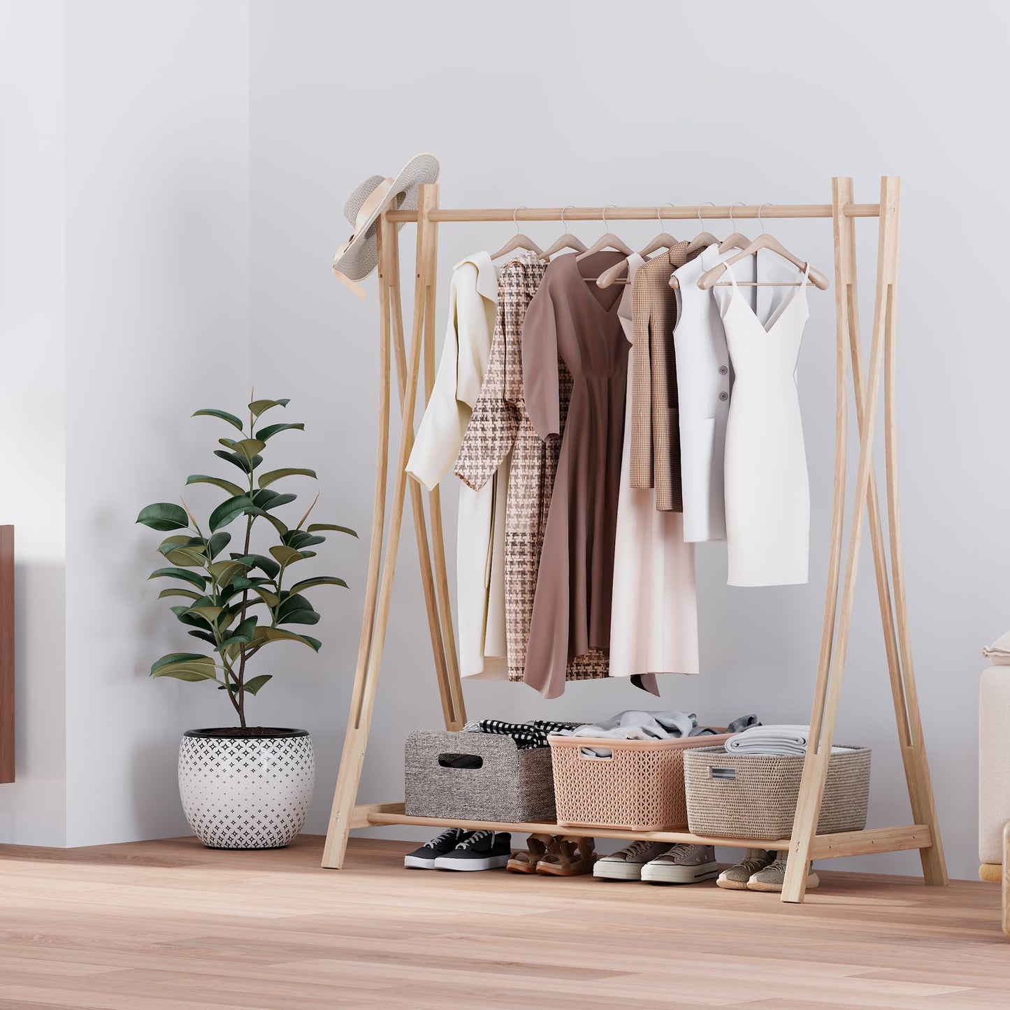 LEMODOR Wooden Retail Display Hanging Clothes Rack with Storage Shelf, 52" W x 57" H Freestanding Heavy Duty Clothing Drying Garment Rack for Hanging Clothes, Coat, Dress, Shirt, Hat