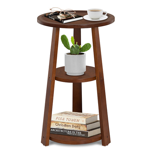 QILOXENTRA 3-Tier Round Side Table, Solid Wood End Table & Nightstand for Small Spaces, Compact Accent Table for Living Room, Bedroom, Office (Red Brown Finish)