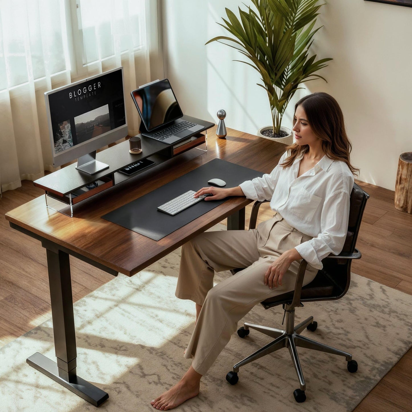 Fenge 42.5” Dual Monitor Stand Riser with 2 Felt-Lined Drawers, Aesthetic Metal and Wood Monitor Shelf with Acrylic Legs, 2-Tier Desk Organizer for 2 Monitors, Laptop, Printer, TV, Black
