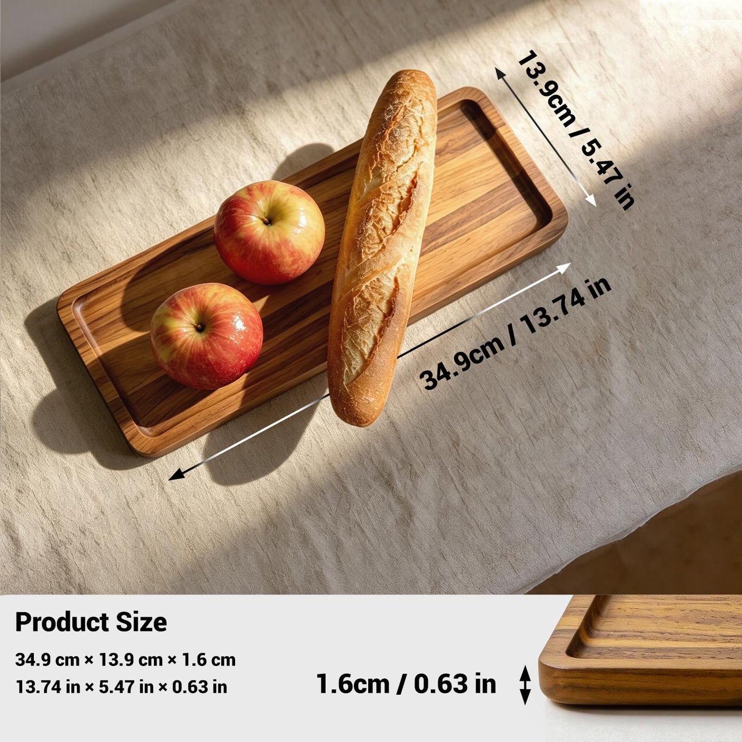 SANZIE Walnut Wooden Tray for Bathroom, Wood Vanity Tray for Counter, Toilet Tank, Rectangle Serving Tray for Food Appetizer Tea Dessert Kitchen Candle Tissue Home Decor (13.74 x 5.47 in)