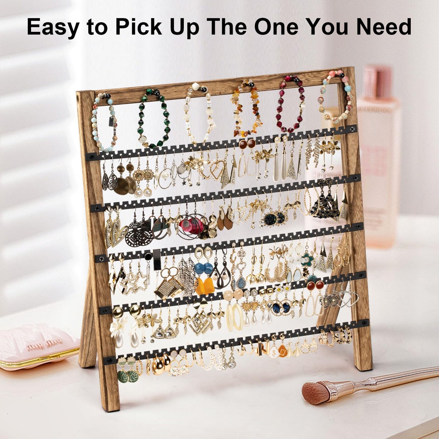 Emfogo Earring Holder Organizer, 6 Tier Earring Display Stand with 285 Holes & 6 Bracelet Rods, Rustic Wood Jewelry Organizer for Earring Bracelet Necklace Ring, Gifts for Women (Rustic)