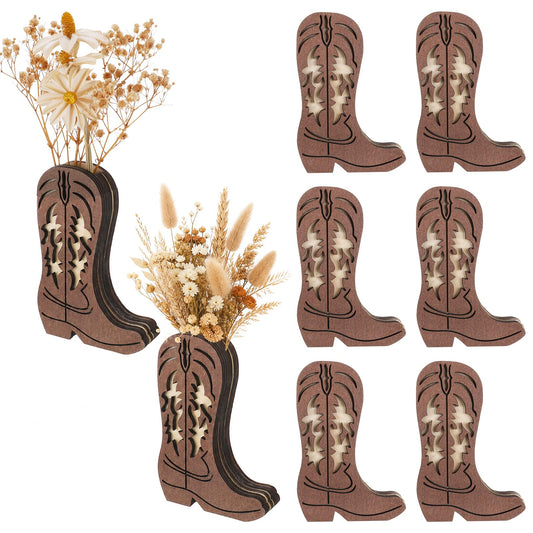 8Pack Wooden Cowboy Boot Vase 3D Hollow Carving, Western Country Boot Table Centerpiece Room Decor, Rustic Farmhouse Boho Style Fake Flower Vases for Baby Shower Wedding Dinner Party Home Decorations