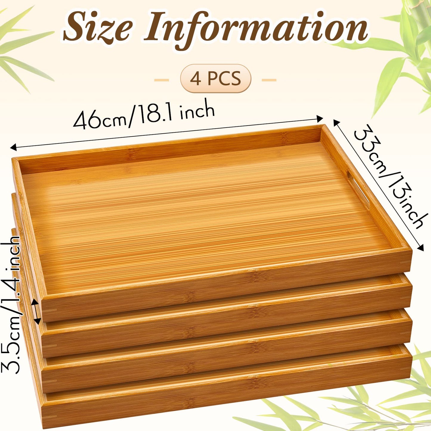 Geelin 4 Pcs 18 x 13 x 1.4 in Large Bamboo Serving Tray with Handles Rectangular Wooden Breakfast Tray Dinner Tray Decorative Coffee Tea Platter for Living Room Bedroom Kitchen Dinner Table Outdoors