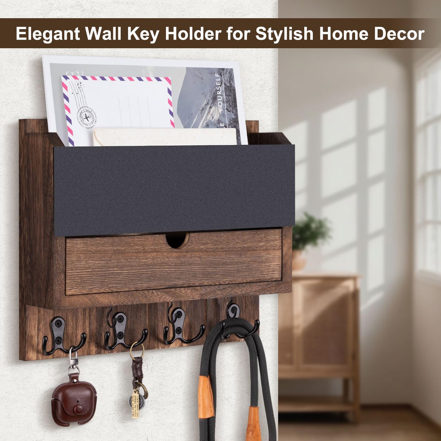 Lucundm Mail and Key Holder Wall Mount with Storage Drawer – Modern Wooden Mail Organizer for Wall Entryway, 7 Key Hooks & Chalkboard Panel – Stylish Home Decor for Apartments, Living Room, Office