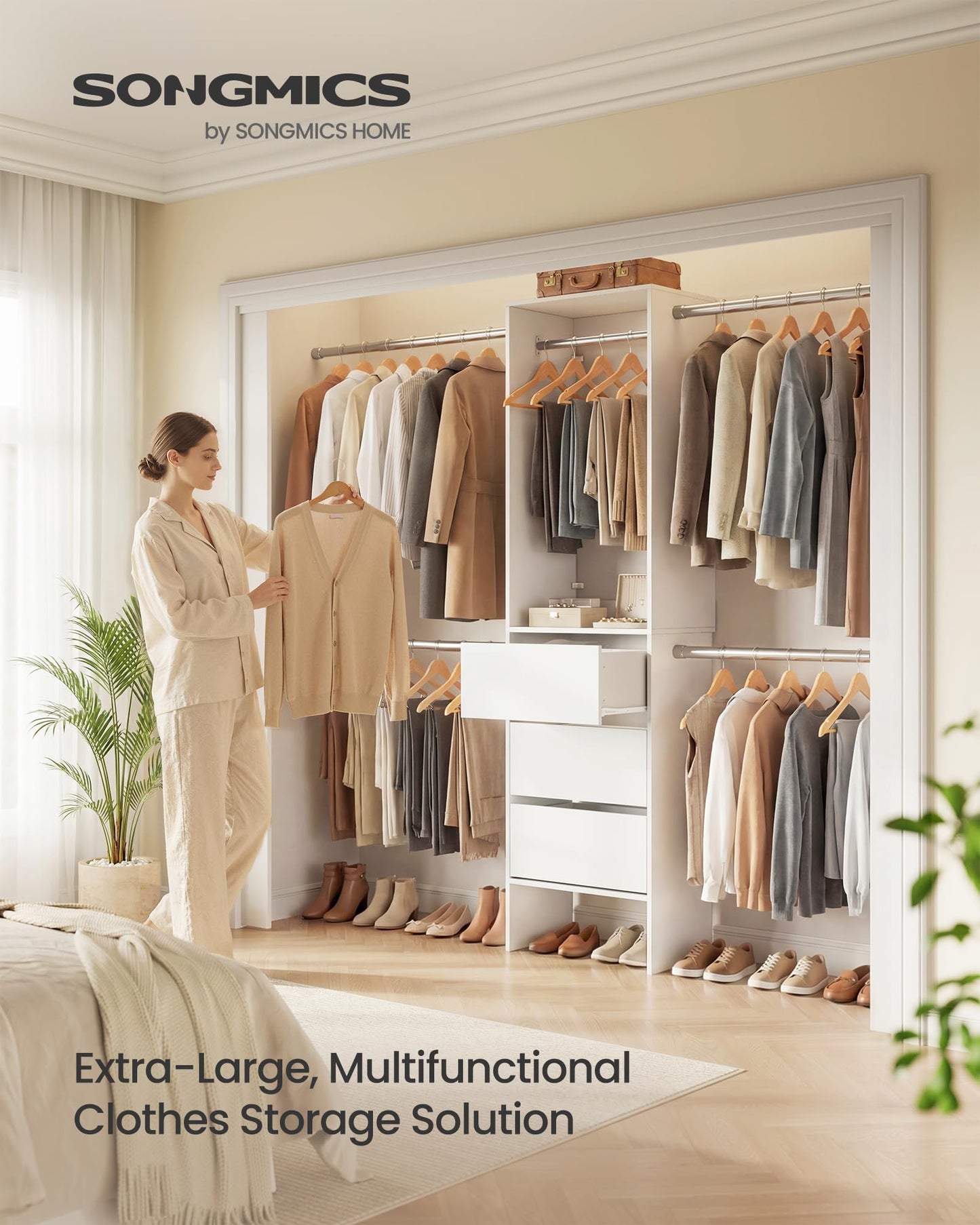 SONGMICS Closet System, Customizable Walk-In Closet Organizer System with Adjustable Hanging Rods and Drawers, White, Fits Spaces 4-9.6 ft Wide URGR042WZ01S