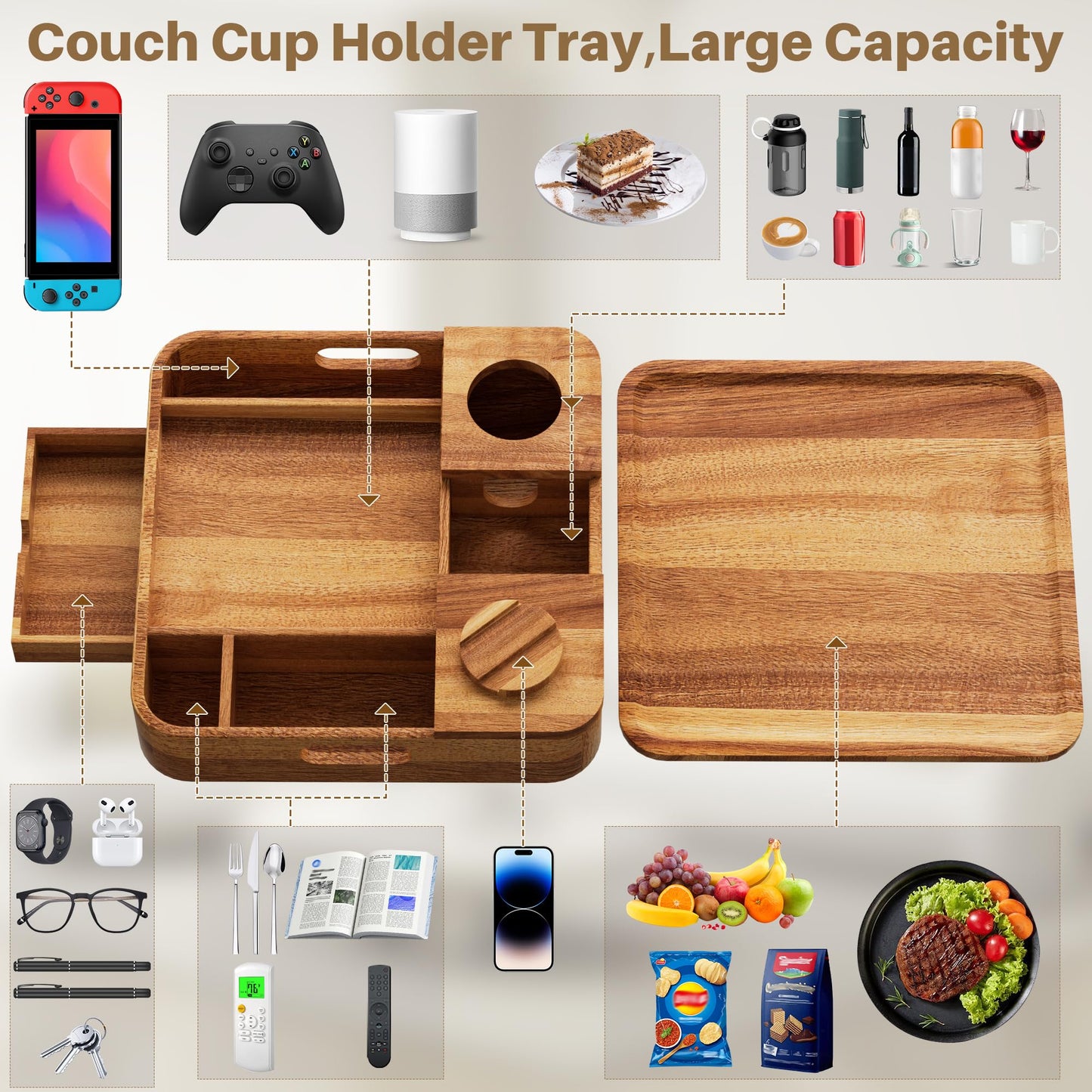 Couch Cup Holder, Couch Tray Cup Holder Sofa Tray, Acacia Wood Large Capacity 2-Tier Wooden Trays with Drawer for Sofa, Bed, Picnic, Drinks, Snacks, Remote, Cell Phone 12.5 * 12.5 in