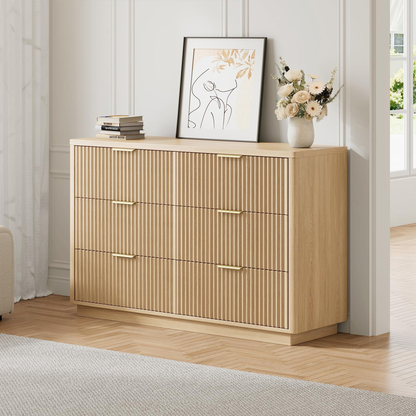 Ball & Cast Fluted Dresser for Bedroom with 6 Drawers,47" W Modern Chest of Drawers with Metal Handles,Wood Dresser TV Stand,Closet Dresser Drawers Organizer for Living Room,Hallway,Natural Oak