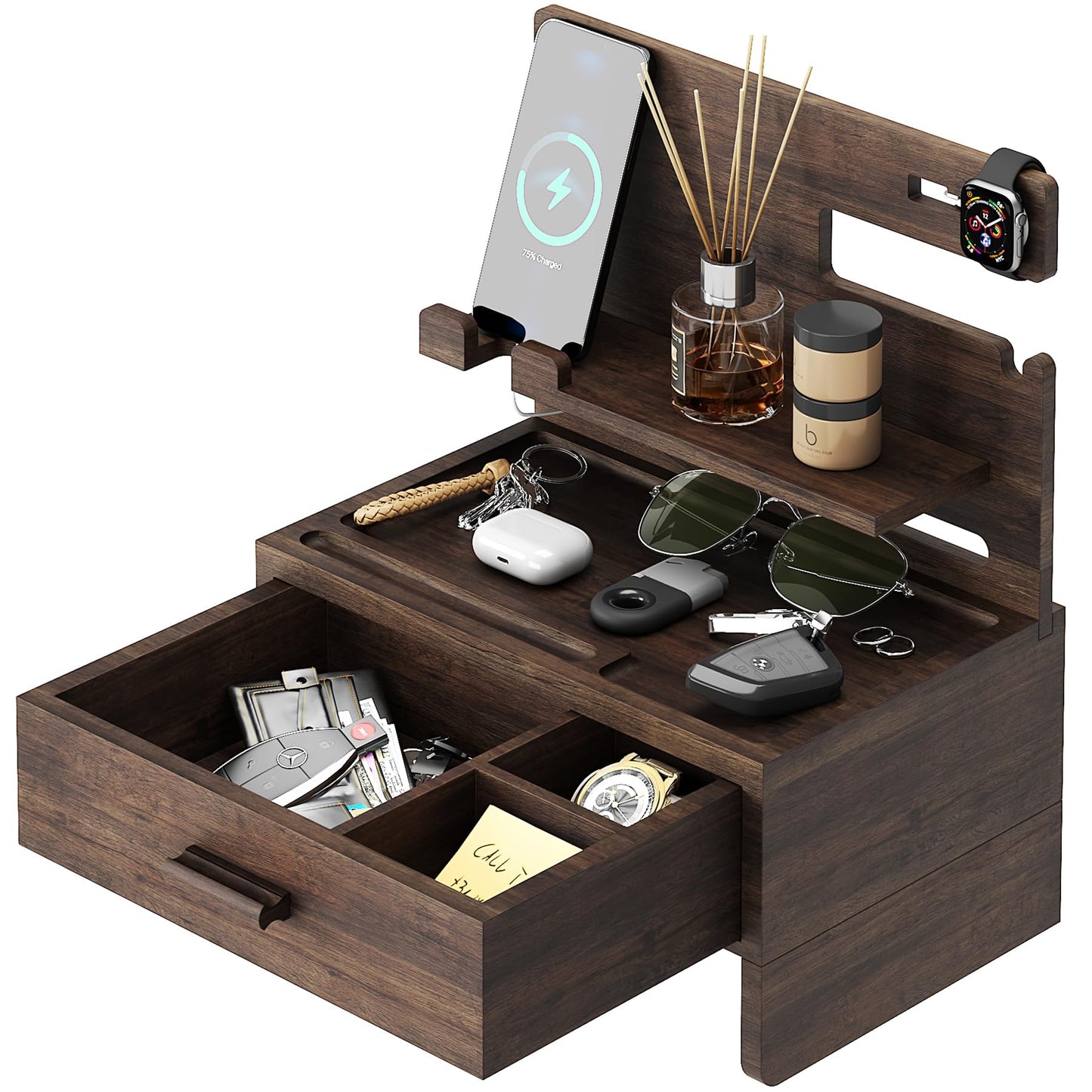 NiHome Wooden Nightstand Organizer for Men, Solid Wood Charging Dock for Smartphone, Smartwatch, Tablet, Wallet, Keys, Glasses, Accessories, Easy Assembly Stylish Design for Classic & Modern Interiors