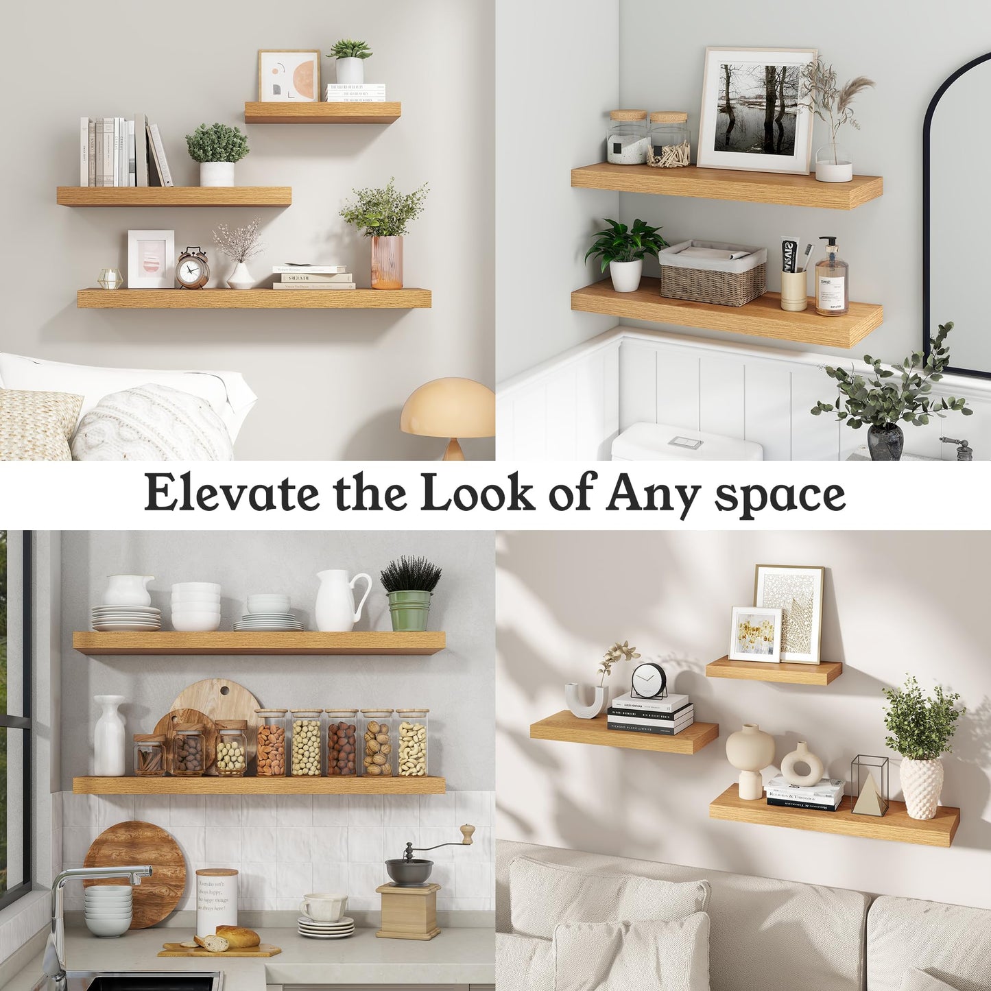 Ornawit Floating Shelves for Wall, 9.3" Deep Wall Mounted Wood Shelves for Bathroom, Bedroom, Living Room, Kitchen, Hanging Shelf for Books/Storage/Room Decor (Oak, 24")