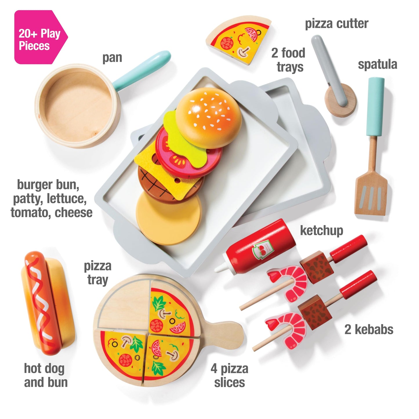 Food Truck Wooden Playset- 20 Fun Toy Pieces Including Cook Top, Steering Wheel, Sticker Sheet for Kids Name- Food Tray, Pizza Slices & More, Dual Sided Play Stand for Indoor Fun Activity, For Ages 3+