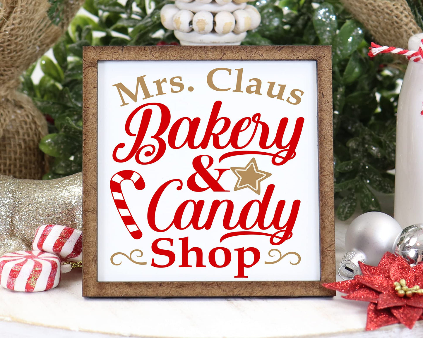 Mrs. Claus Bakery & Candy Shop Sign - Tier Tray Sign - Mini Wooden Sign - Christmas Sign - Wood Sign - Shelf Sitter - Home Decor (6" x 6")