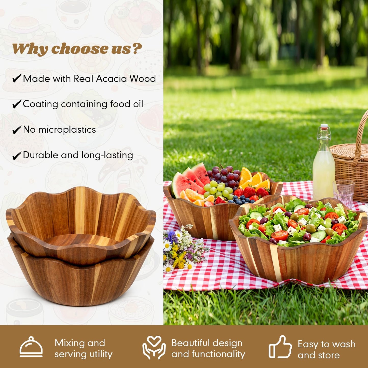 Ferrochef 2 Pcs Scalloped Decorative Wooden Bowl 12 Inch Acacia Wood Fruit & Serving Bowl Handcrafted Rustic Decorative Bowls for Fruit, Salad, Snacks and Home Kitchen Counter Decor Wedding Decor