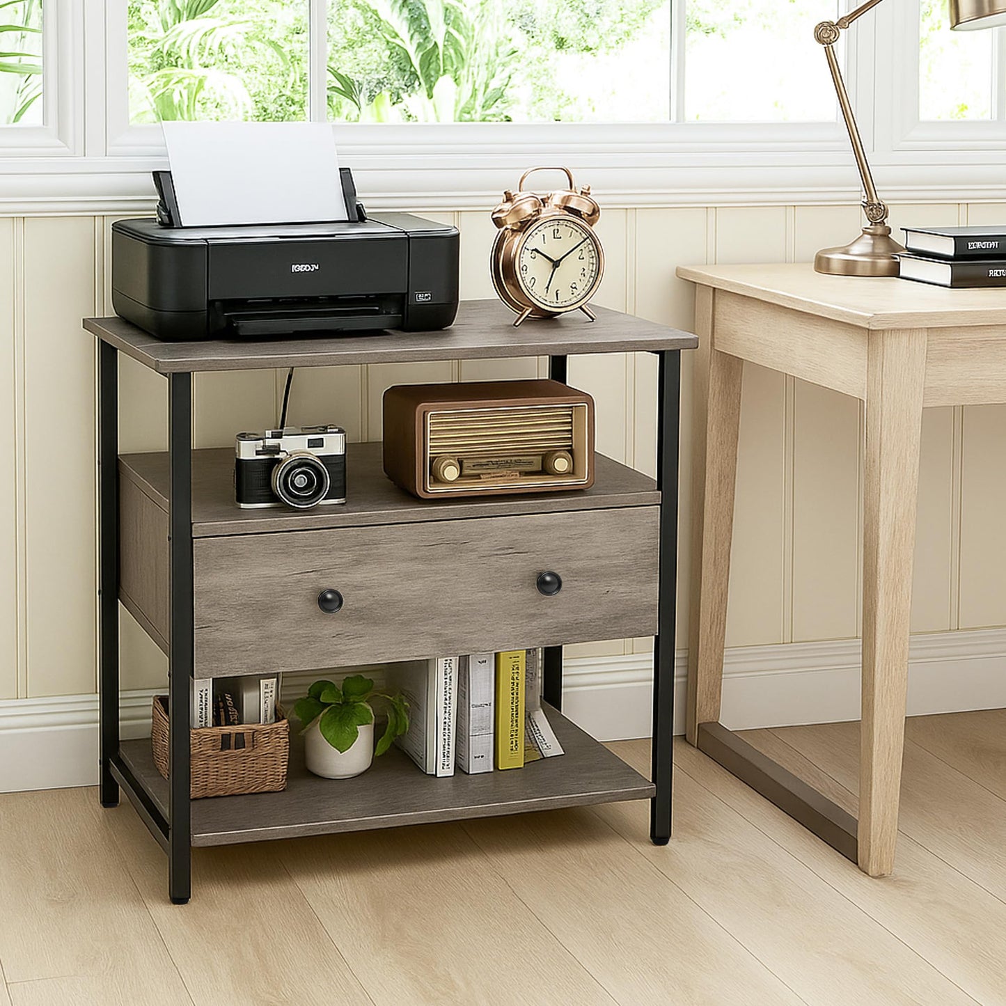 Edbuosy 27 Inch Wide Night Stand with Charging Station, Wood Nightstand with Open Shelf, Large Drawer Bedside Table for Living Room/Bedroom/Office, Rustic Gray