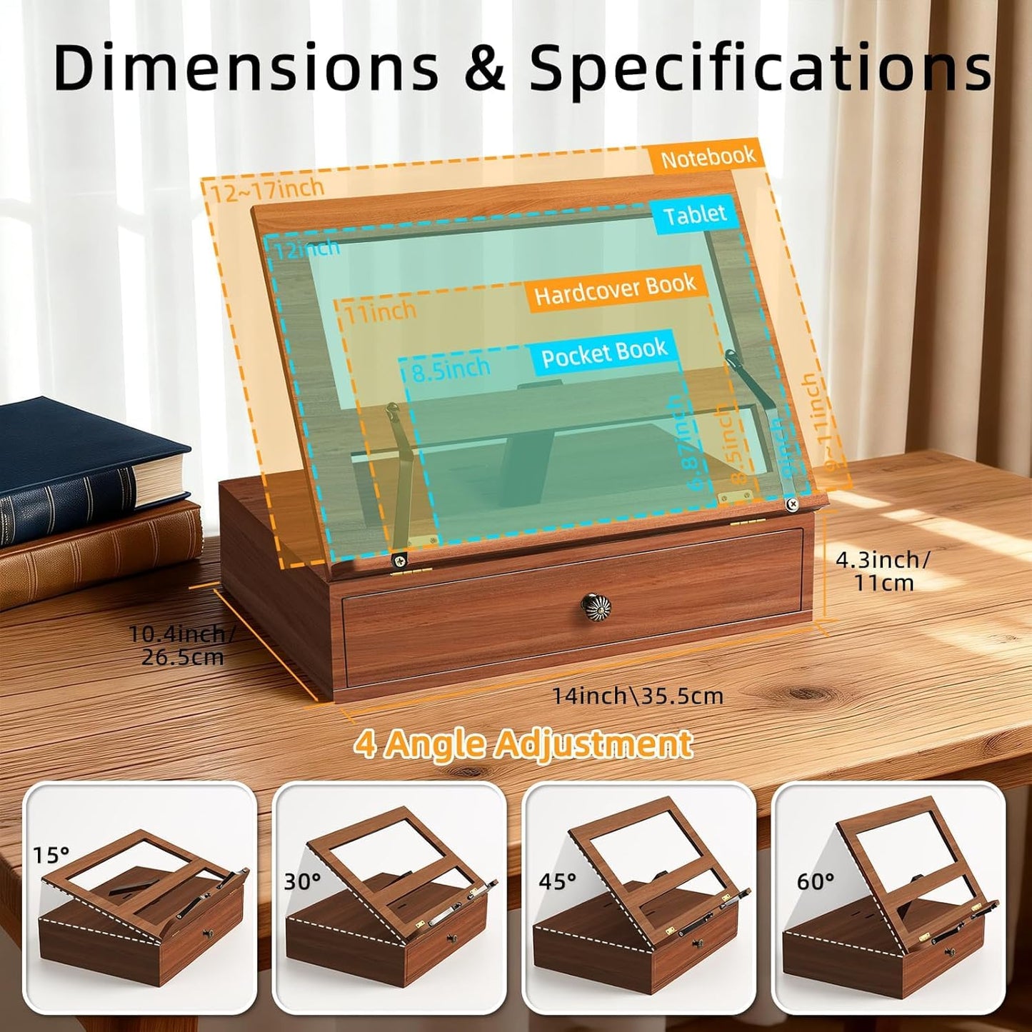 Wooden Book Stand for Reading，4 Adjustable Height Bible Stand with Storge,Book Page Holder for Bible,Recipe,Magazine,Laptop,Tablet