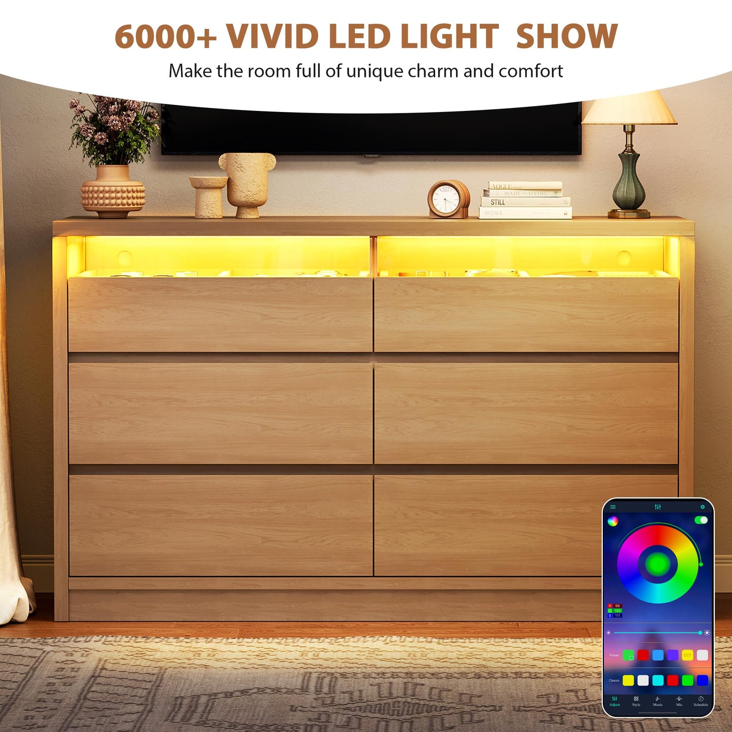 Jocoevol Modern LED 6 Drawer Dresser for Bedroom, Large Chest of Drawers with Hidden Handles, Long Double Wooden Dresser Closet for Living Room, Entryway, Hallway - Natural Oak