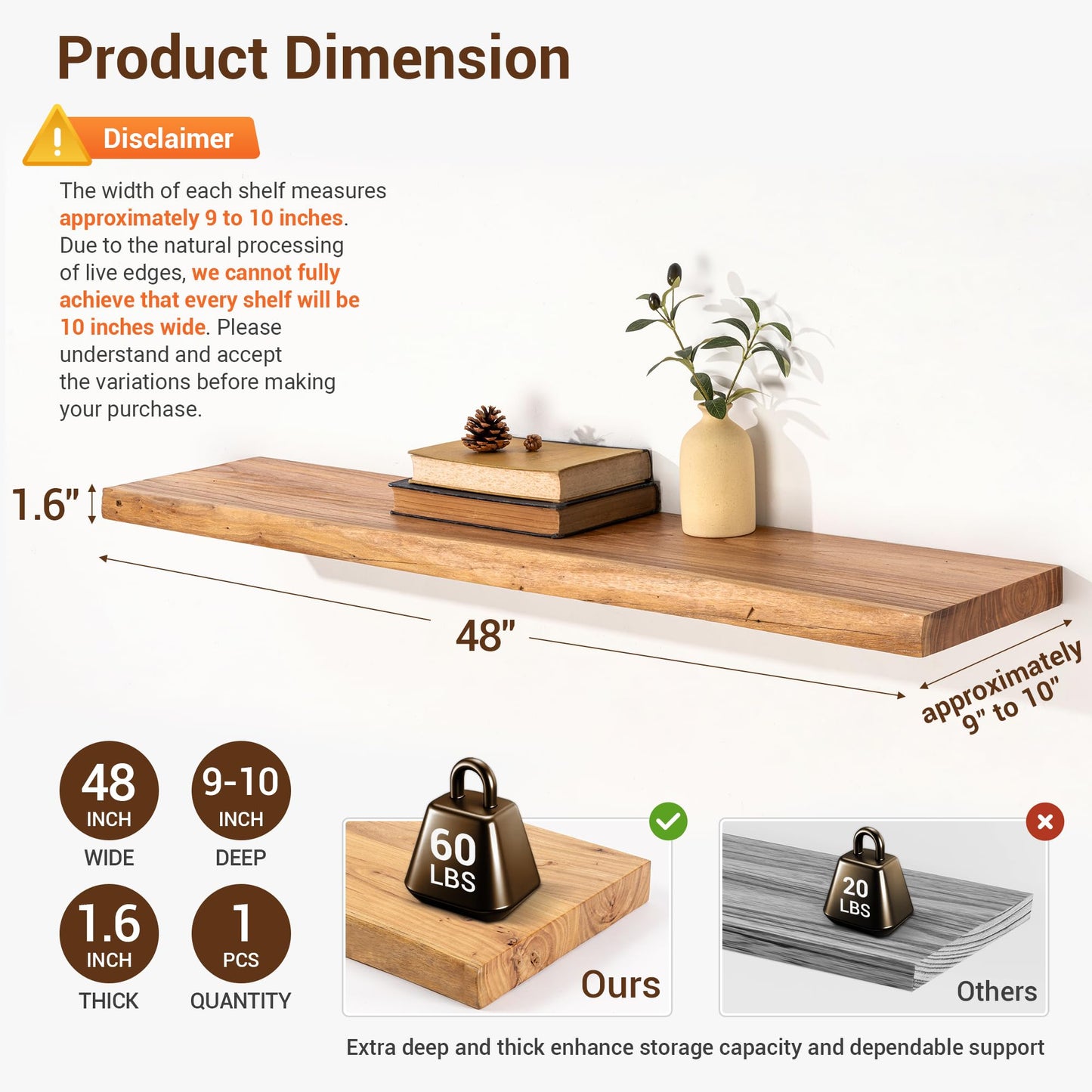 fuqing Live Edge Floating Shelves for Wall - Solid Elm Wood Floating Shelves 48 Inch - 9 Inch Deep Natural Wooden Wall Shelves with Heavy Duty Metal Brackets and Anchors