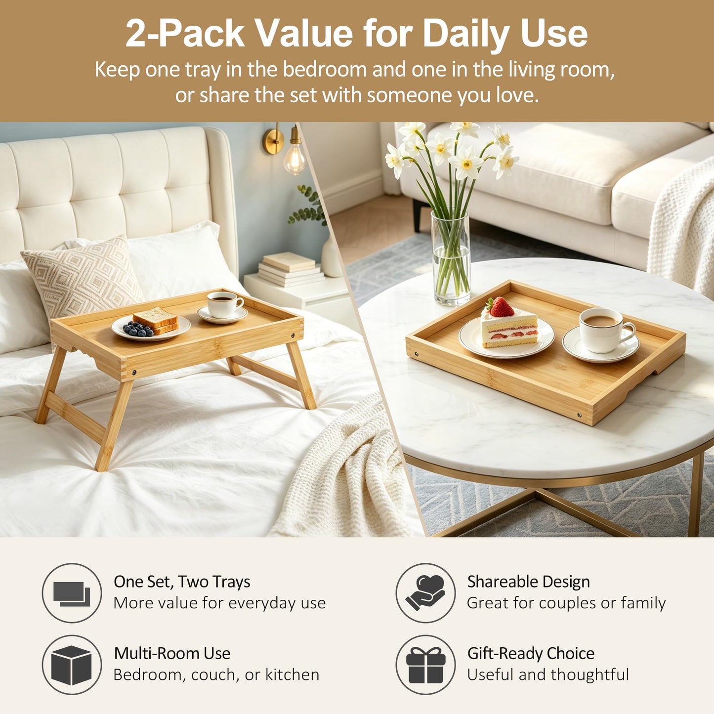 Breakfast Tray with Folding Legs Set of 2, Bamboo Bed Tray Table 15.7" Foldable TV Dinner Tray with Ergonomic Wave Handles for Bed Couch Sofa, Breakfast, Snacks, Coffee, Natural