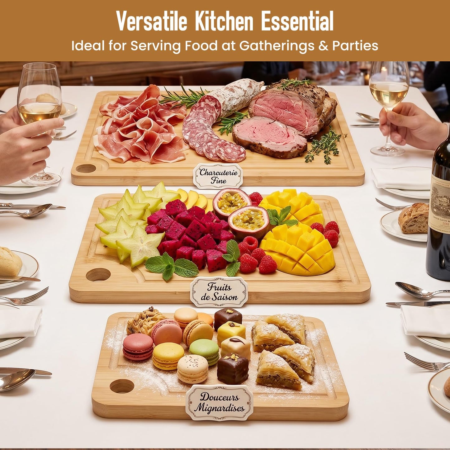 VIVIGU Bamboo Cutting Boards for Kitchen, 3-Piece Wood Cutting Board with Juice Grooves, Durable Wooden Chopping Boards Set for Meal Prep, Meat, Vegetables, Fruits, Serving, Kitchen Essentials
