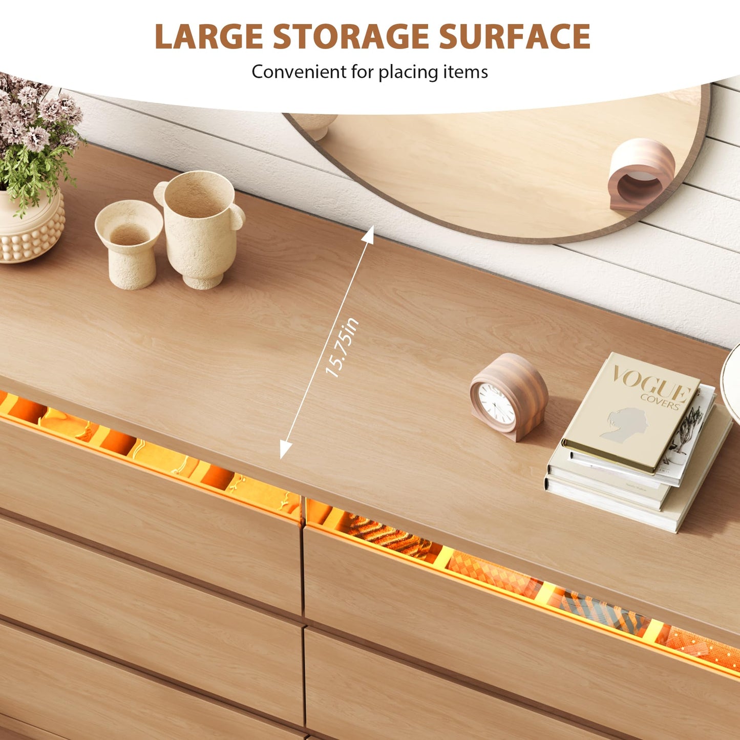 Jocoevol Modern LED 6 Drawer Dresser for Bedroom, Large Chest of Drawers with Hidden Handles, Long Double Wooden Dresser Closet for Living Room, Entryway, Hallway - Natural Oak