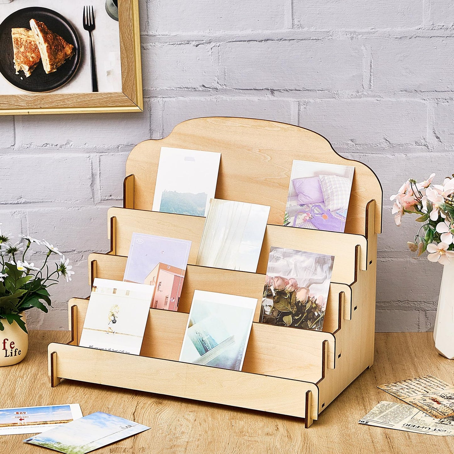 Barydat 4-Tier/5-Tier large Greeting Card Display Stand Wooden Display Stand for Postcard Brochure Photos Jewelry Sticker Holder for Vendors, Counter Retail, Home Decor(15.8 x 10.4 x 14.2 Inch,Beige)